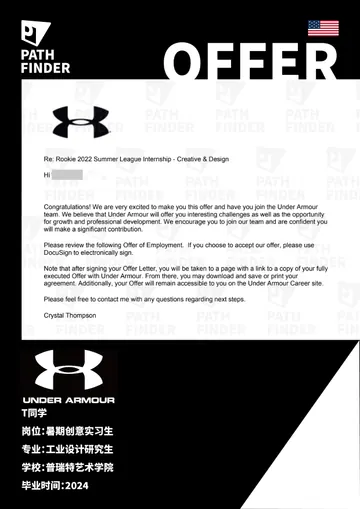 Under Armour · 暑期创意实习生，学员 Offer 原图